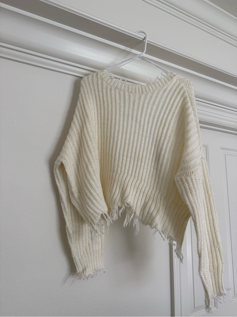 Skylar + Madison Cream Distressed Ribbed Crewneck Sweater V Back